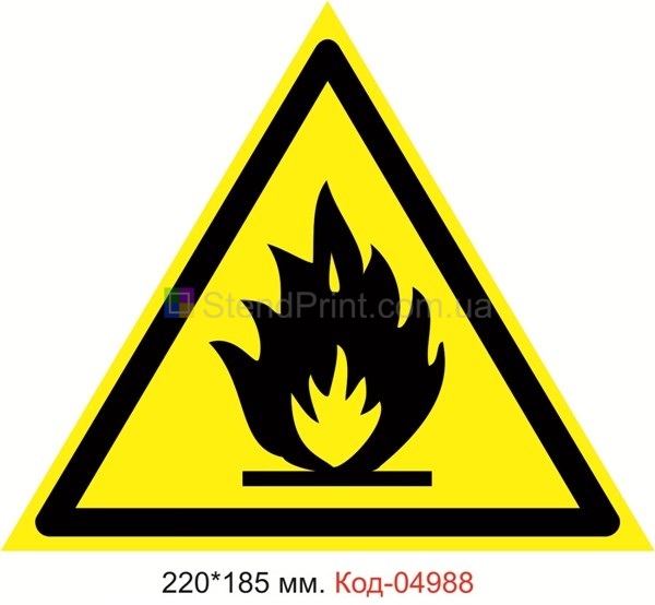 Знак предупреждающий табличка пластиковая 220*185 мм. "Пожарноопасно легковоспламеняющиеся вещества" Знак предупреждающий Код-04988