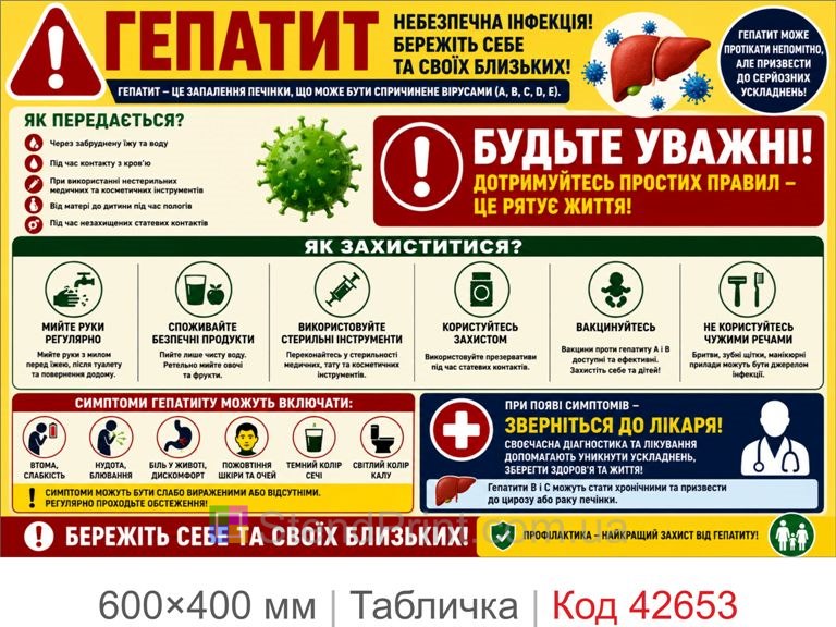 Табличка гепатит санітарна безпека для лікарні медичного центру Код-42653