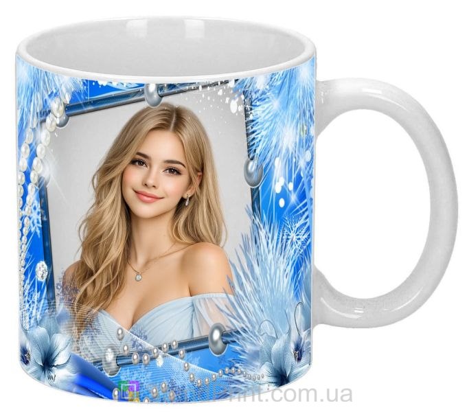 Кружка с фото зимний подарок девушке фотокружка со снежным узором