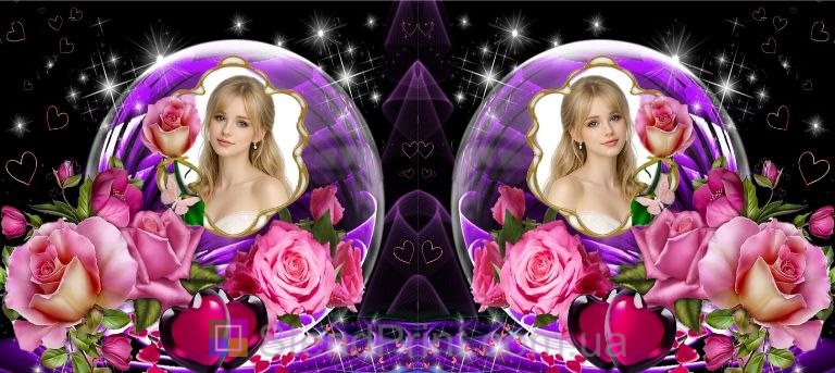 Чашка з фото у фіолетовій кулі з трояндами та серцями замовити Код-40292