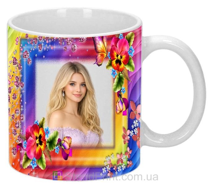 Чашка з фото в яскравій квітковій рамці замовити онлайн подарунок