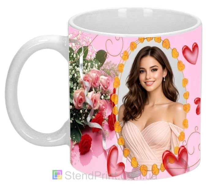 Кружка с фото розы и сердца нежный подарок