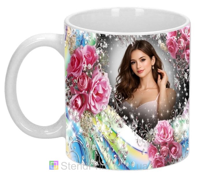 Кружка с фото розовые розы радужные линии персональный подарок заказать