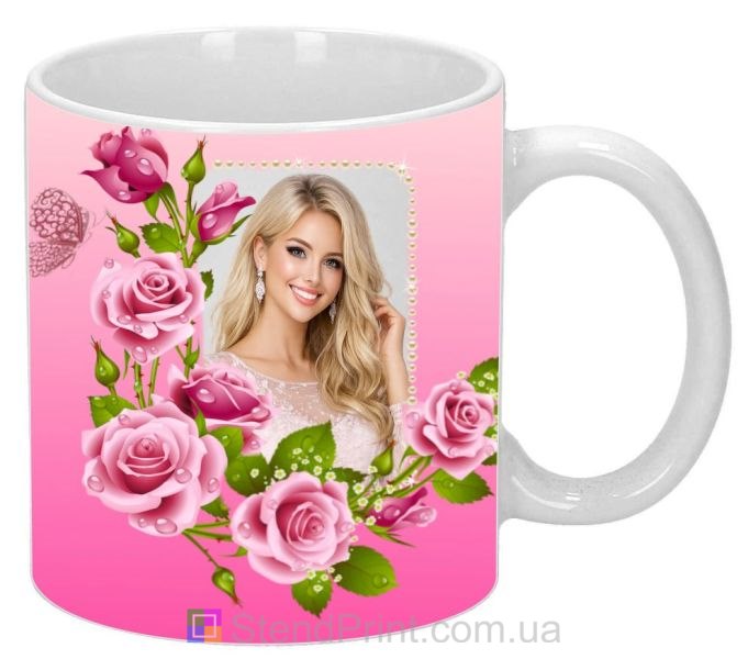 Чашка с фото для девушки с розовыми розами заказать подарок