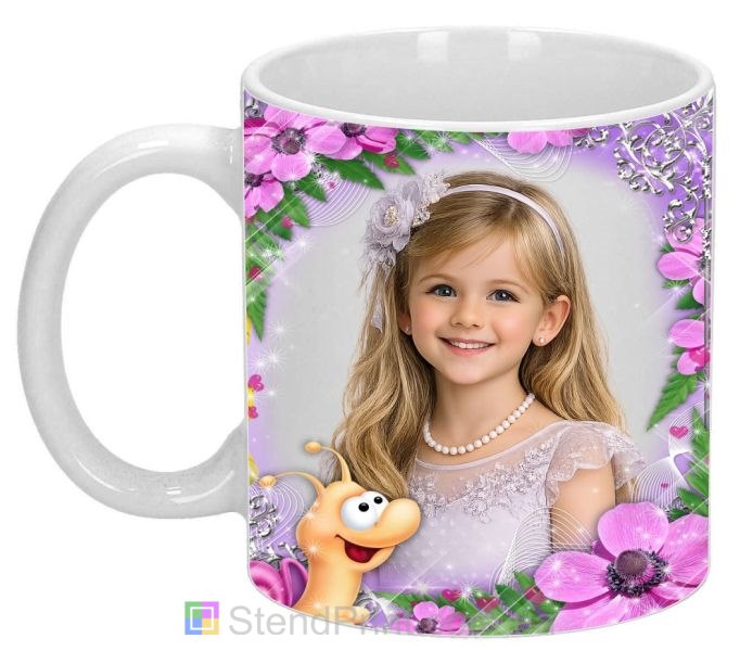Детская кружка с фото цветы и мультяшная улитка