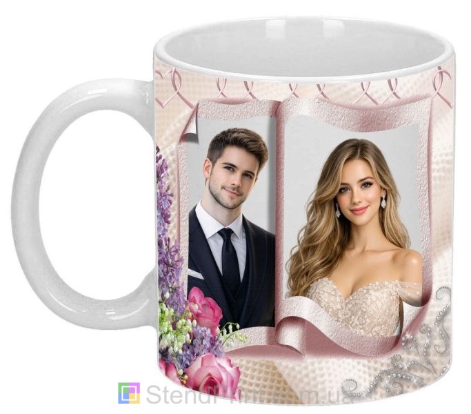 Чашка с фото свадебный коллаж с цветами и лентами нежный подарок для пары заказать