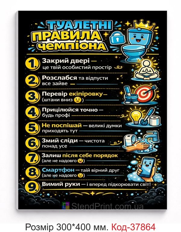 Табличка туалетні правила чемпіона чорна на двері купити