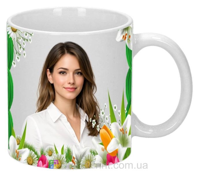 Чашка с фото для девушки с цветами нежный подарок заказать