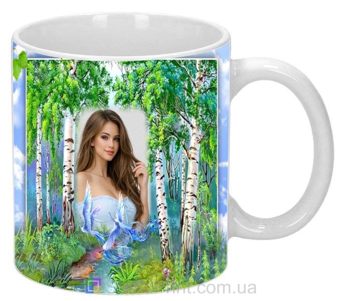 Кружка с фото берёзовый лес река и птицы природа заказать