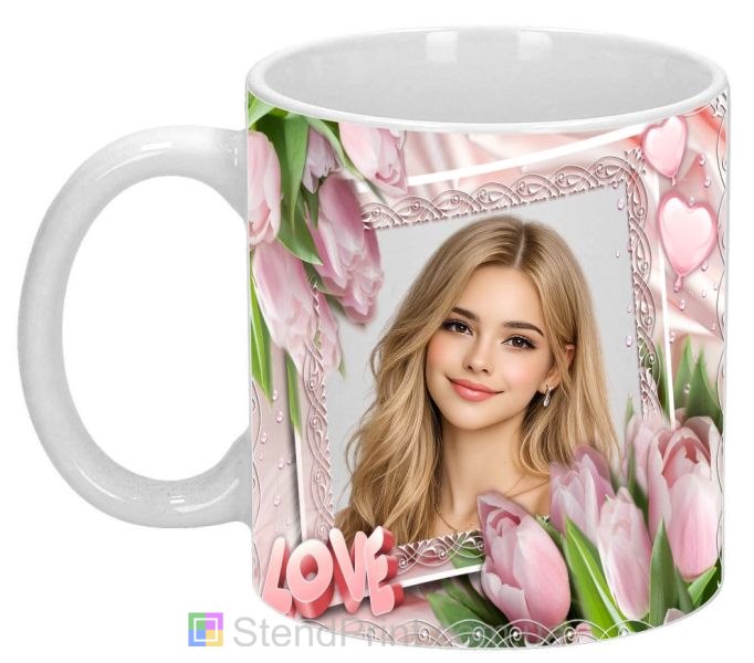 Чашка з фото з тюльпанами та написом LOVE ніжний романтичний подарунок замовити