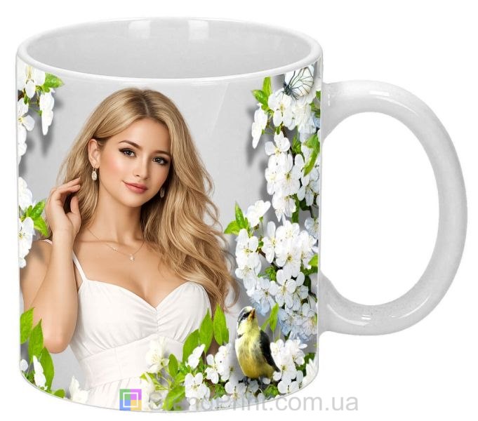 Кружка з фото весняні первоцвіти та зелені пелюстки — замовити