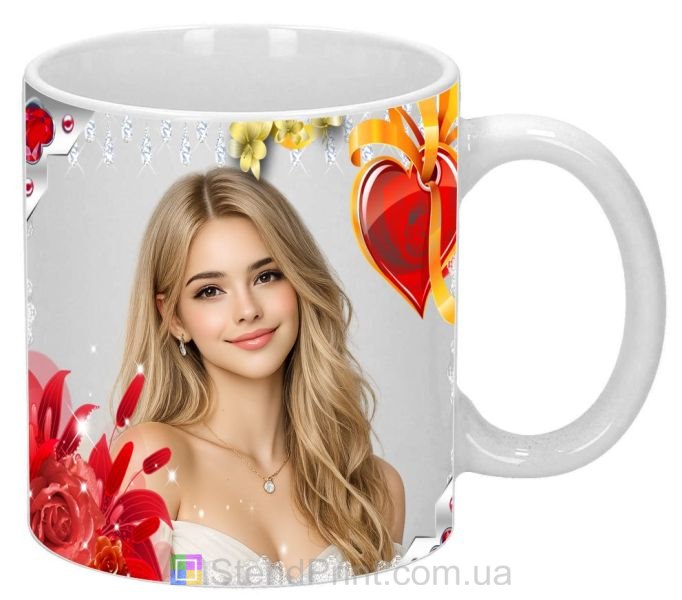 Горнятко з фото для коханої з серцем та квітами романтичний подарунок замовити