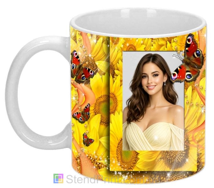 Чашка с фото для девушки яркий дизайн с подсолнухами заказать