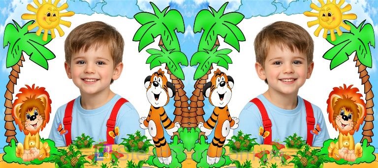 Детская кружка с фото львёнок и тигрёнок среди пальм