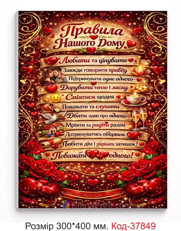 Романтична табличка правила нашого дому з серцями купити декор
