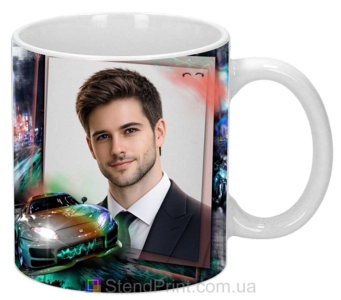 Кружка з фото на подарунок чоловіку з неоновим автомобілем у нічному місті