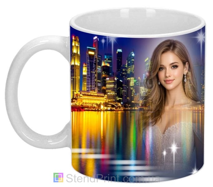 Кружка с фото ночной город огни и отражение в воде современный персональный дизайн заказать