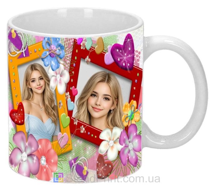 Чашка з фото для коханої з рамками та квітами яскравий оригінальний подарунок замовити