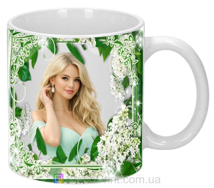 Горнятко з фото білий бузок декоративна рамка замовити