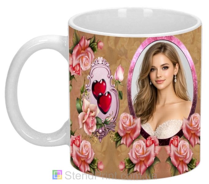 Кружка с фото с розами и сердцами романтичный персональный подарок женщине заказать