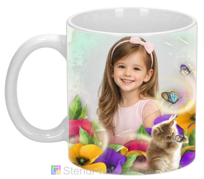 Кружка с фото котёнок цветы бабочки нежный дизайн заказать