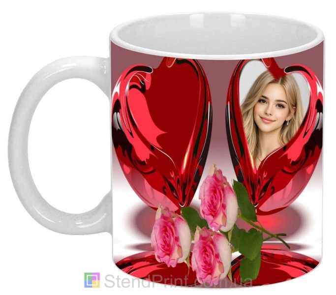 Кружка с фото с алыми сердцами и розами романтичный персональный подарок заказать