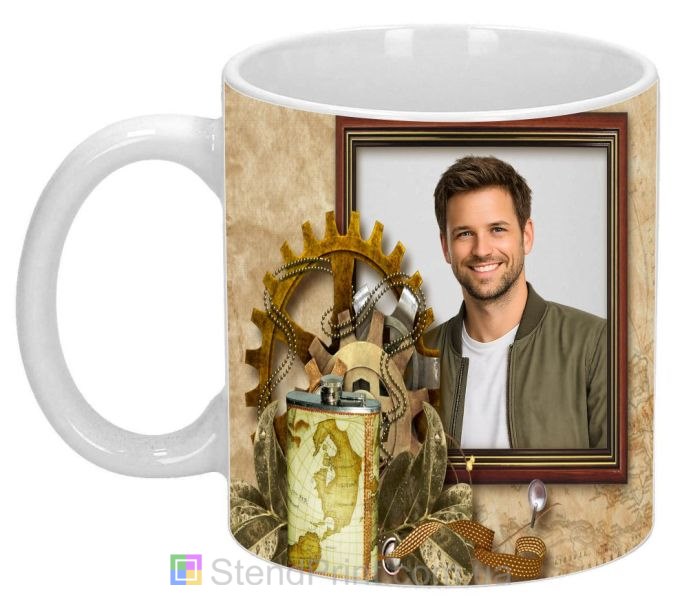 Кружка с фото в винтажном стиле шестерёнки и карта мира оригинальный подарок заказать