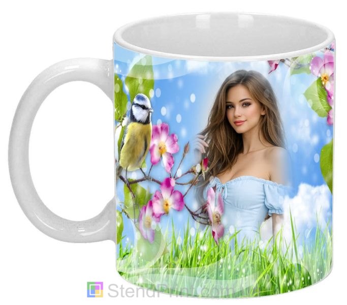 Кружка с фото весенняя природа лужайка цветущие деревья заказать