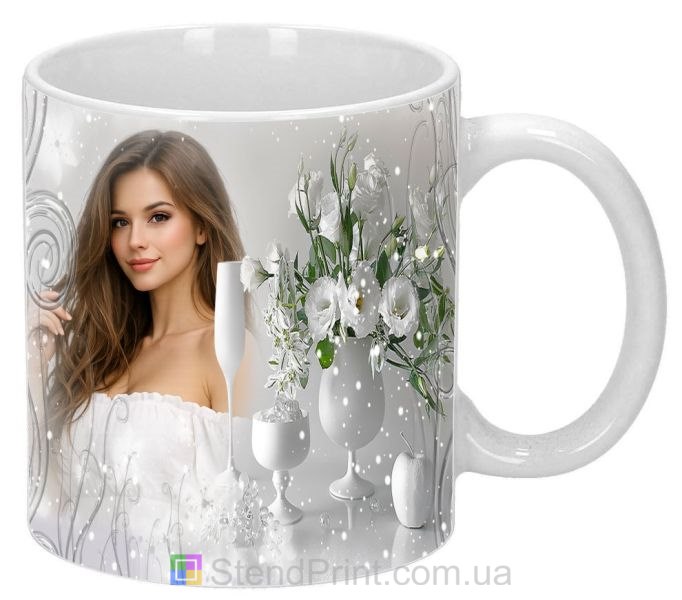 Кружка з фото квіти та зимовий візерунок персональний дизайн замовити