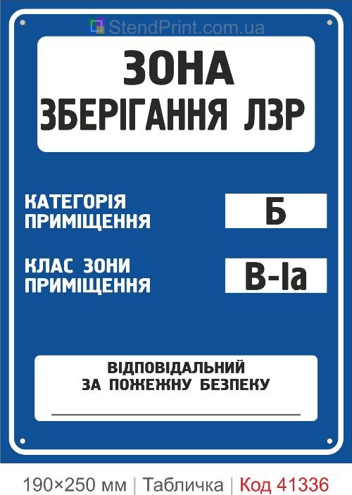Табличка зона хранения ЛЗР категория Б класс зоны В-Iа купить