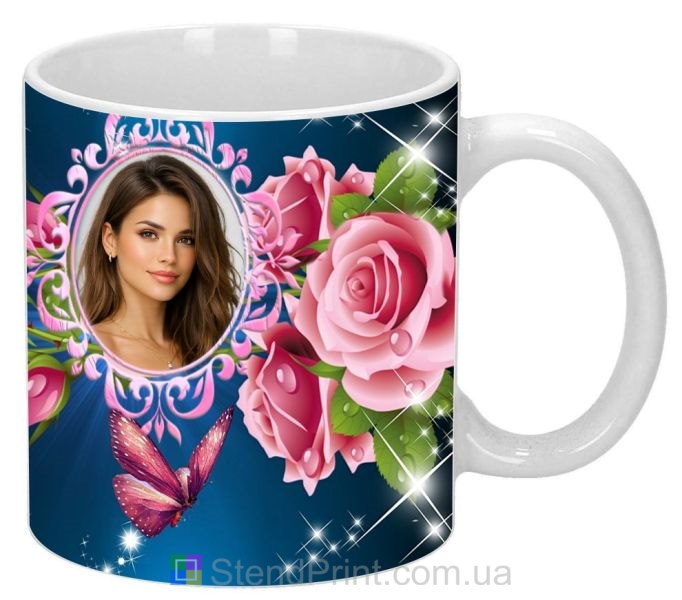 Кружка с фото для девушки с розами и бабочкой заказать подарок