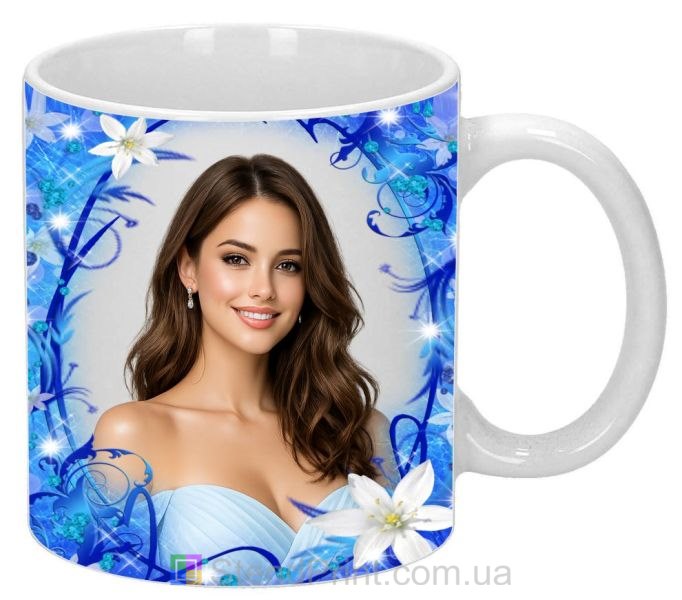 Чашка з фото для дівчини з блакитними квітами красивий подарунок замовити