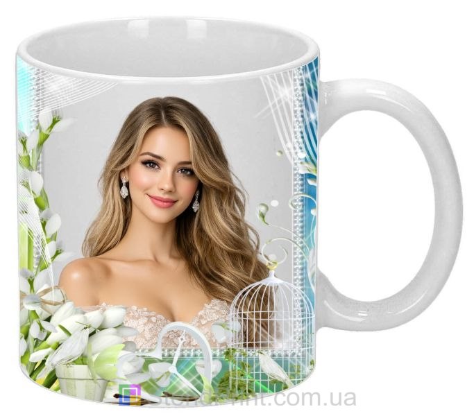 Кружка с фото для любимой с белыми цветами нежный романтический подарок заказать