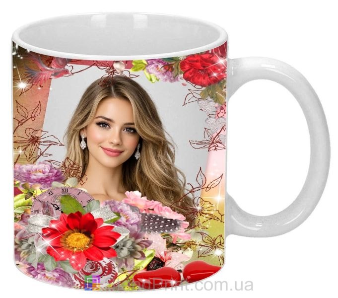 Чашка з фото для коханої з квітами та серцями що подарувати дівчині де замовити