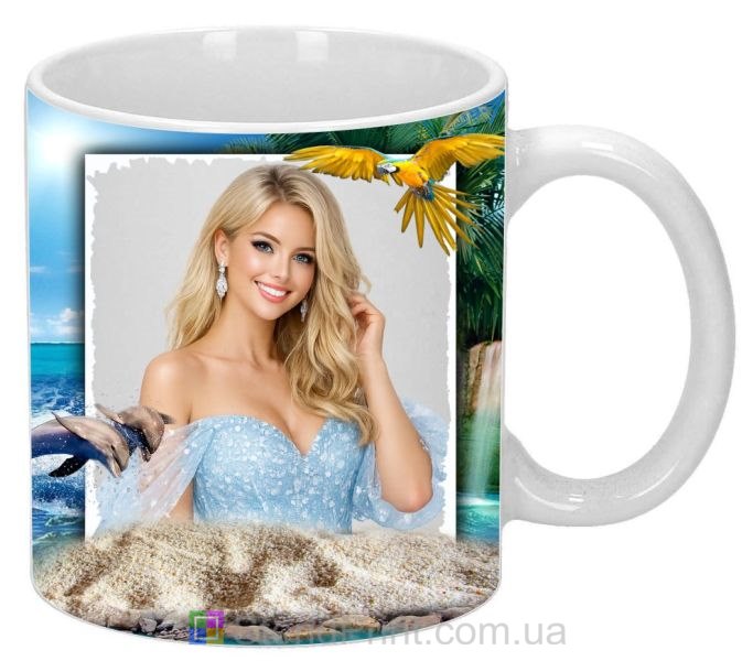 Чашка с фото остров попугай дельфины морской пейзаж заказать