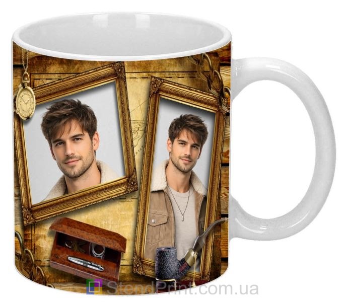 Кружка с фото в винтажном стиле с картой и классическими рамками персональный подарок заказать