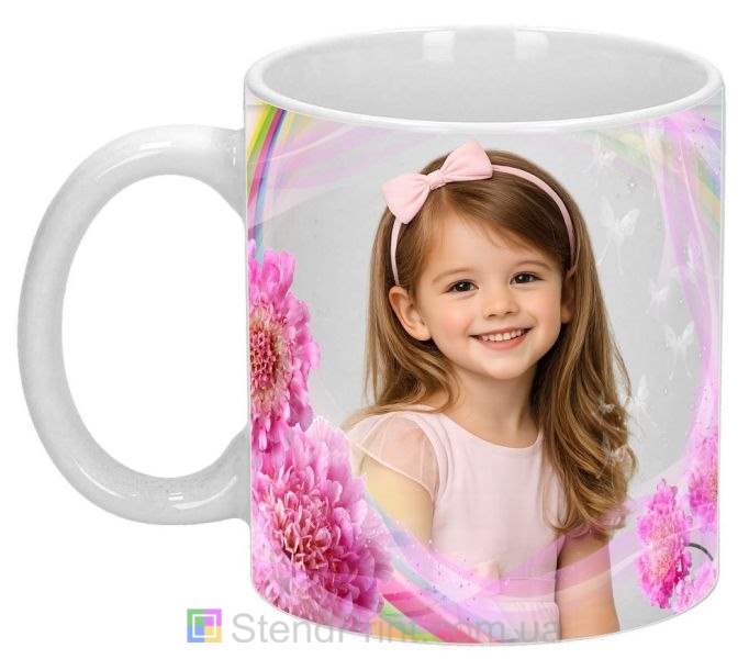 Чашка з фото хризантеми та вуаль зі своїм фото замовити