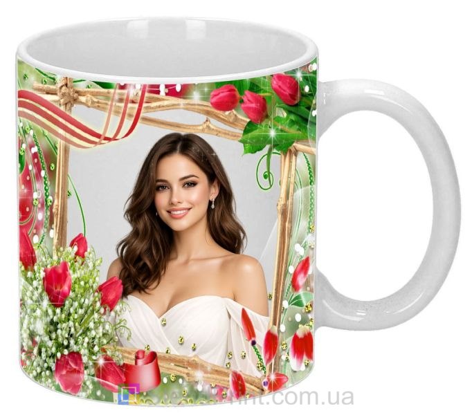 Горнятко з фото з тюльпанами та рамкою ніжний подарунок замовити