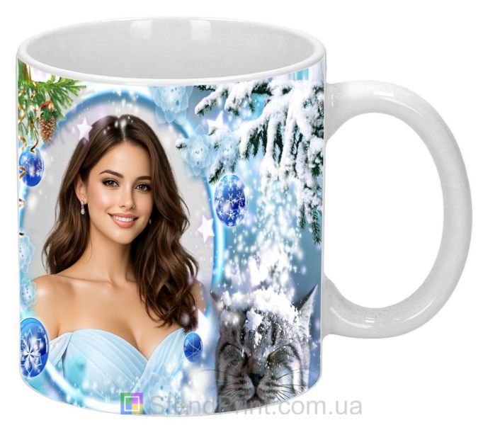 Чашка з фото зимовий подарунок для дівчини фоточашка зі сніжинками і котом