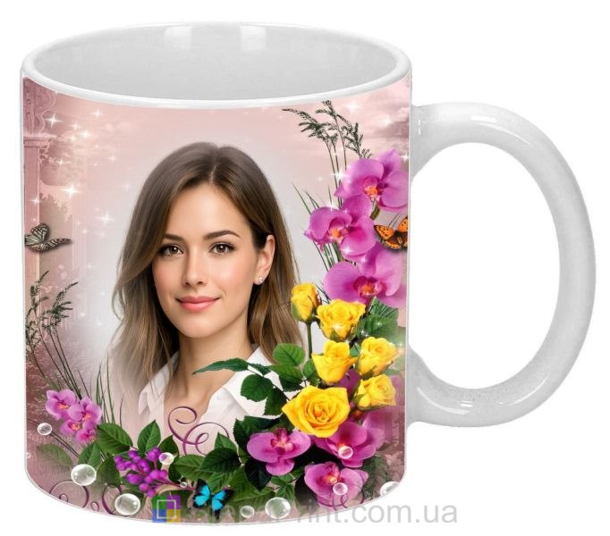 Чашка з фото для дівчини ніжний подарунок кружка з орхідеями замовити