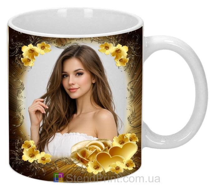 Кружка с фото для любимой в золотом дизайне с цветами и сердцем стильный подарок заказать