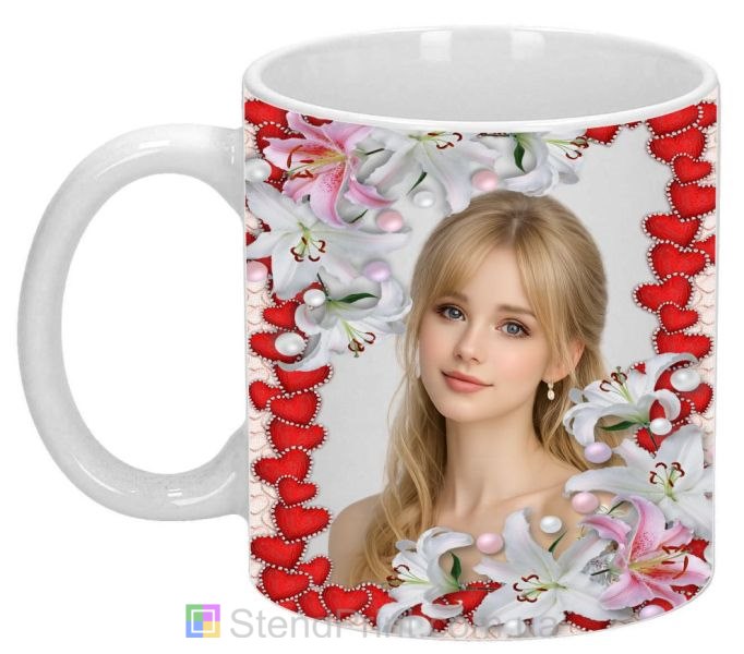 Персональне горнятко з фото для коханої з ліліями та серцями купити подарунок