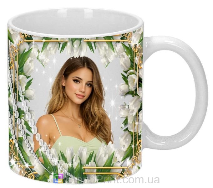 Чашка с фото белые тюльпаны золотая рамка заказать