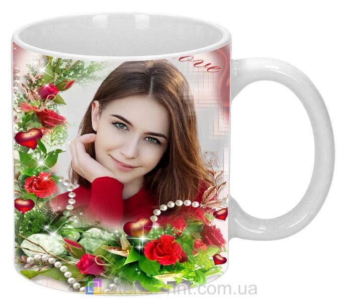 Чашка з фото, квітами та сердечками — подарунок кохання