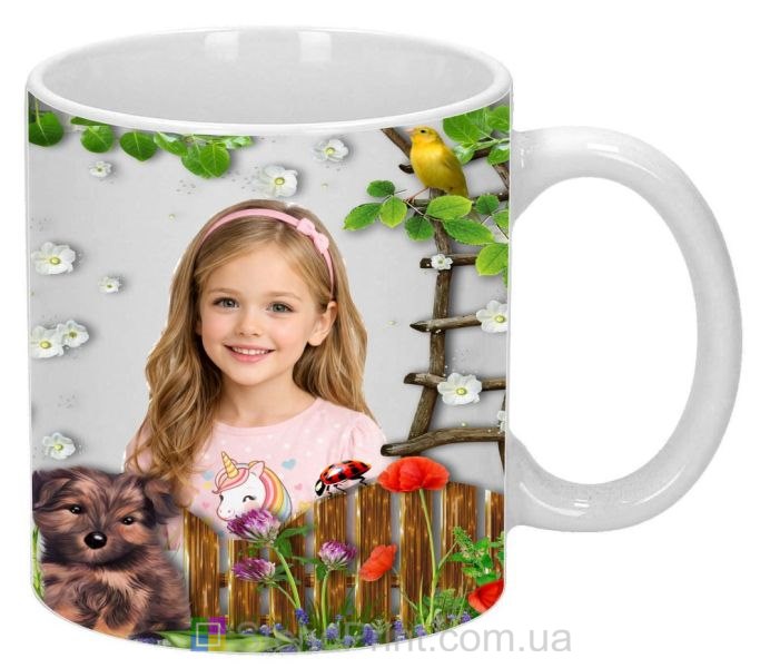 Дитяча чашка з фото — квіти та собачка