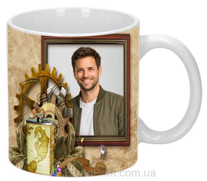 Кружка с фото в винтажном стиле шестерёнки и карта мира оригинальный подарок заказать