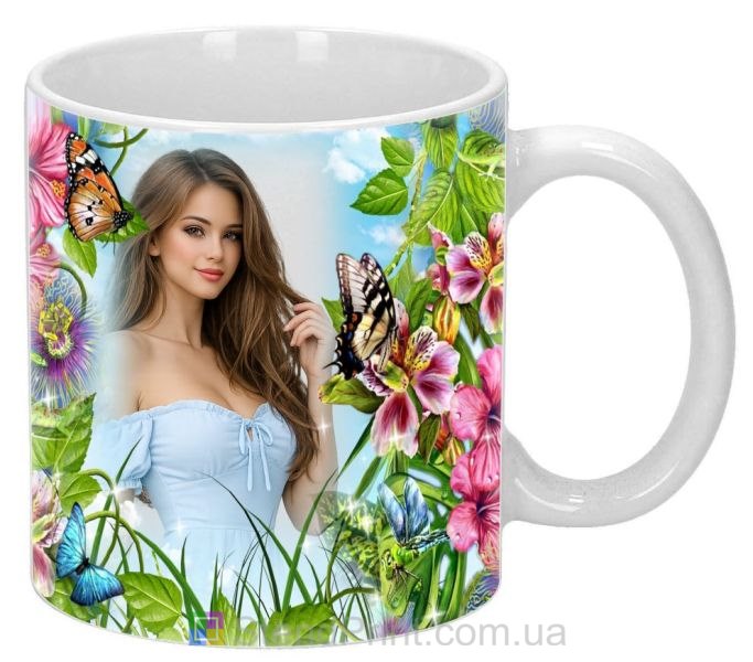 Кружка с фото цветы и мотыльки яркий дизайн заказать фотопечать
