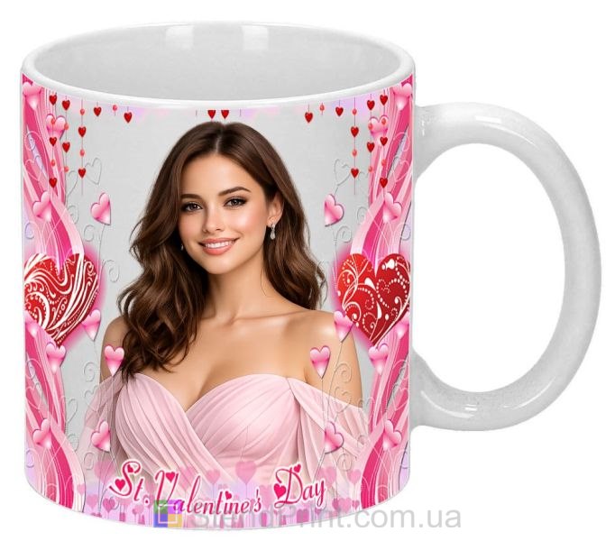 Кружка с фото на День святого Валентина с розовыми сердцами