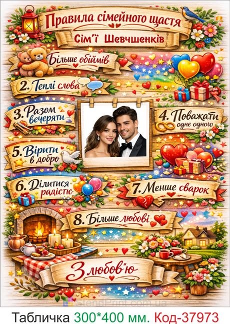 Настінний постер правила сімейного щастя з фото та прізвищем купити