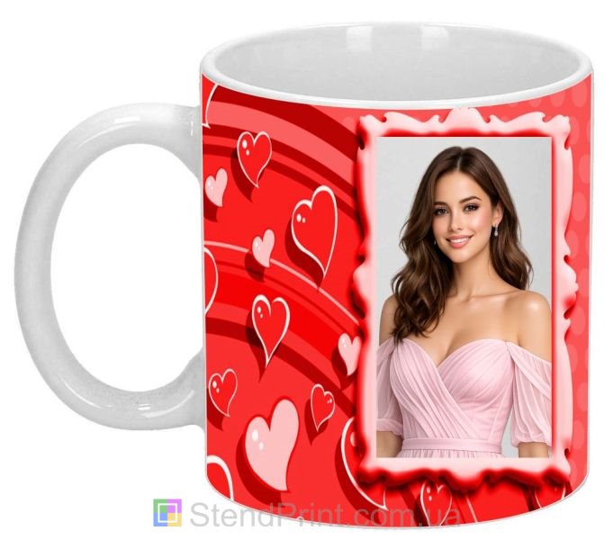 Чашка з фото з червоними серцями яскравий романтичний подарунок для коханої людини замовити